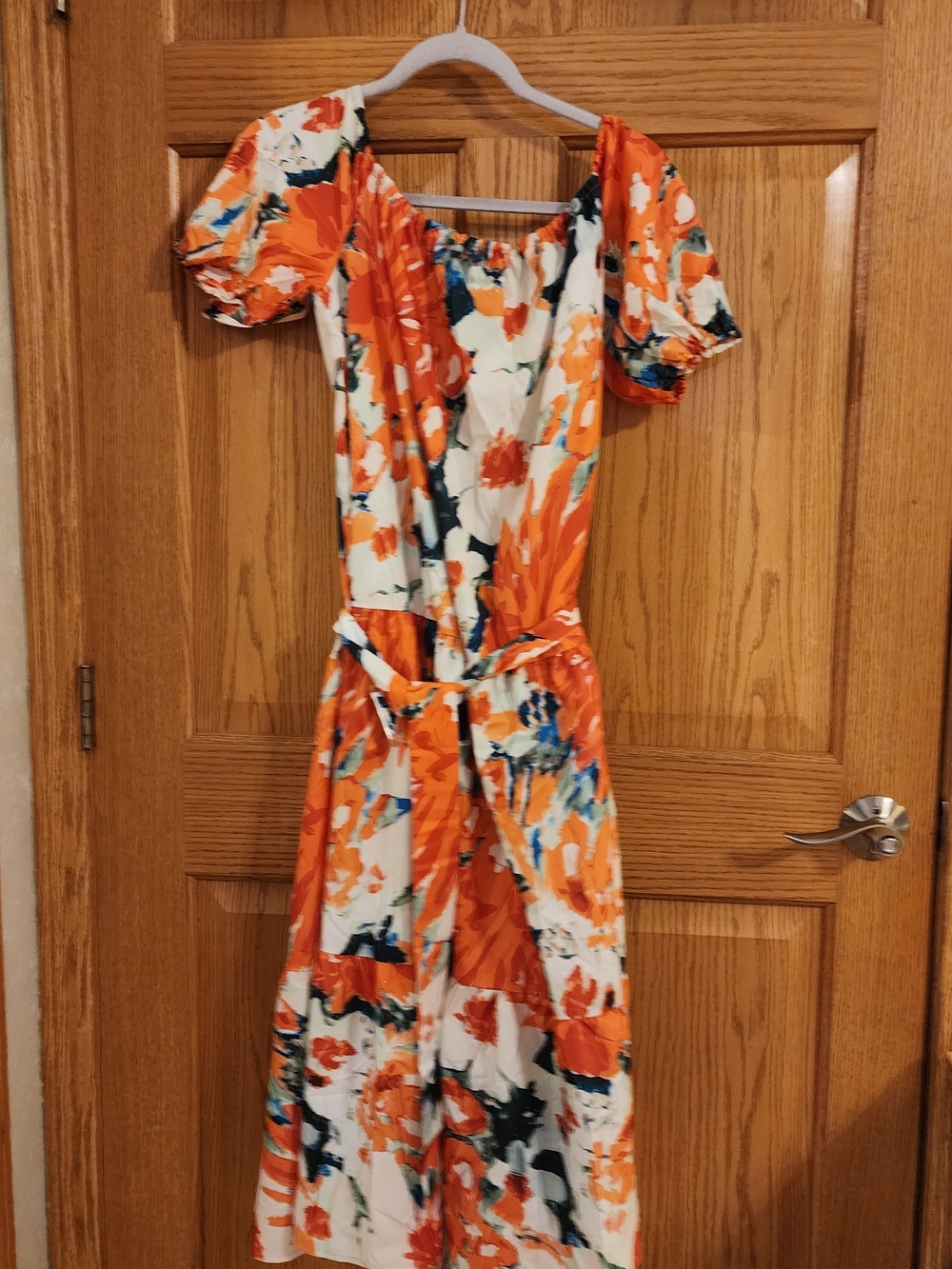 Floral Orange Puff-Sleeve Midi Dress - White & Orange